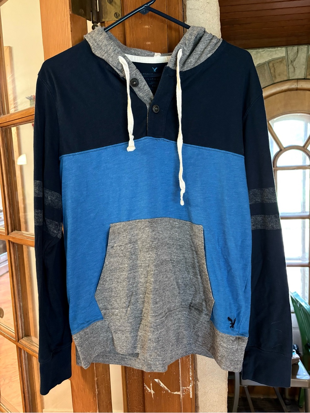 American Eagle Outfitters Blue, Navy & Gray Colorblock Pullover Hoodie